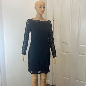 Verlina Black Dress Size Medium Floral Lace Unfinished Boatneck Lined India